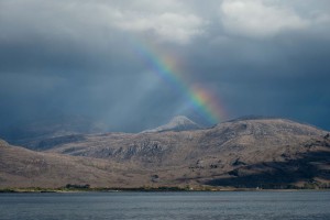 A rainbow over Sgorr Ruadh (skorr roo-ah) in the Coulin Hills, South Torridon, May 2021